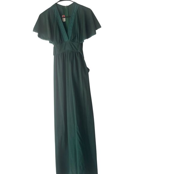 Vintage 1960s-70s Green Women's Size 7 V Neck Babydoll Tie Maxi Dress - Picture 1 of 8